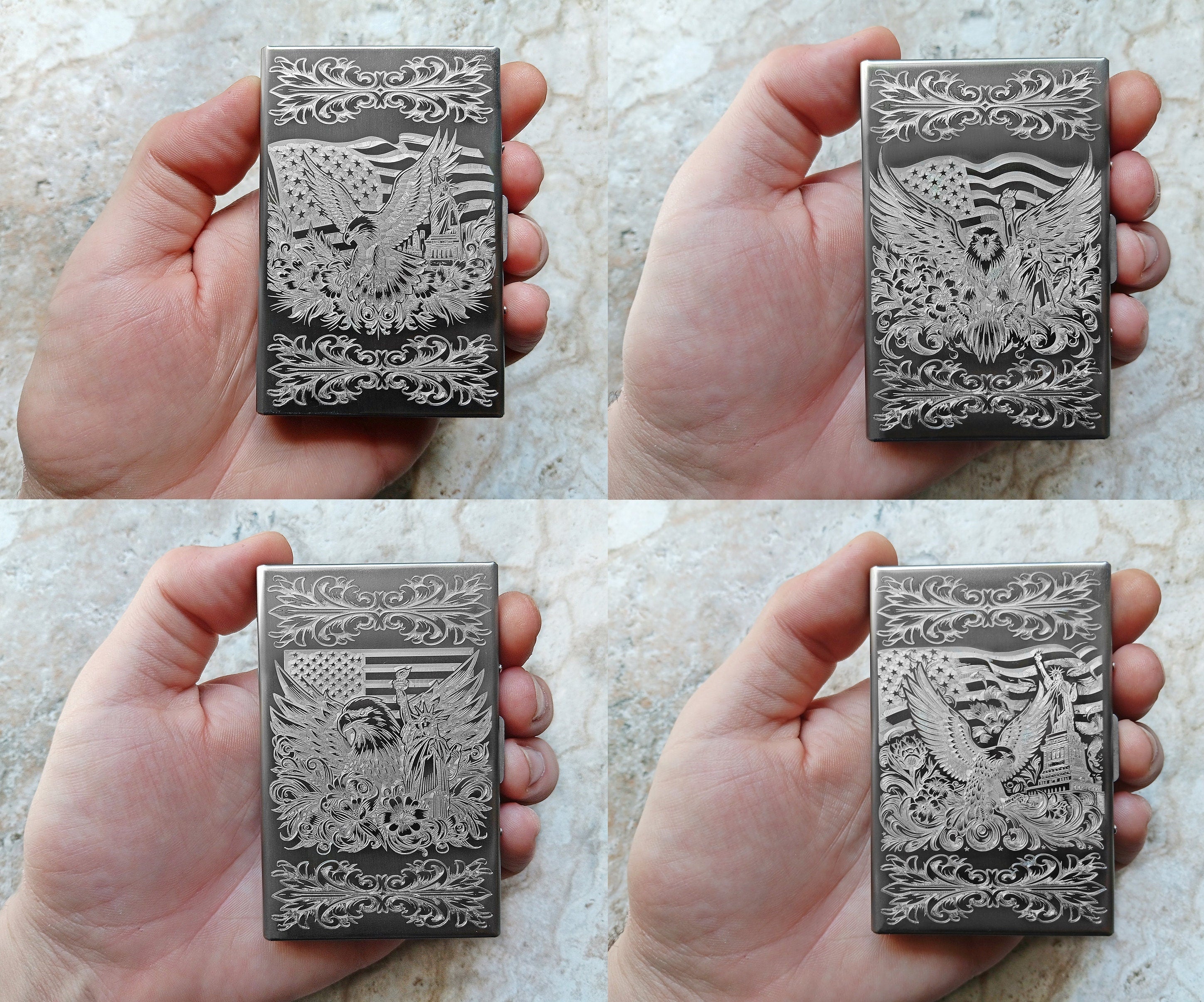Top View of Examples of Engraved Case Wallet in Hand